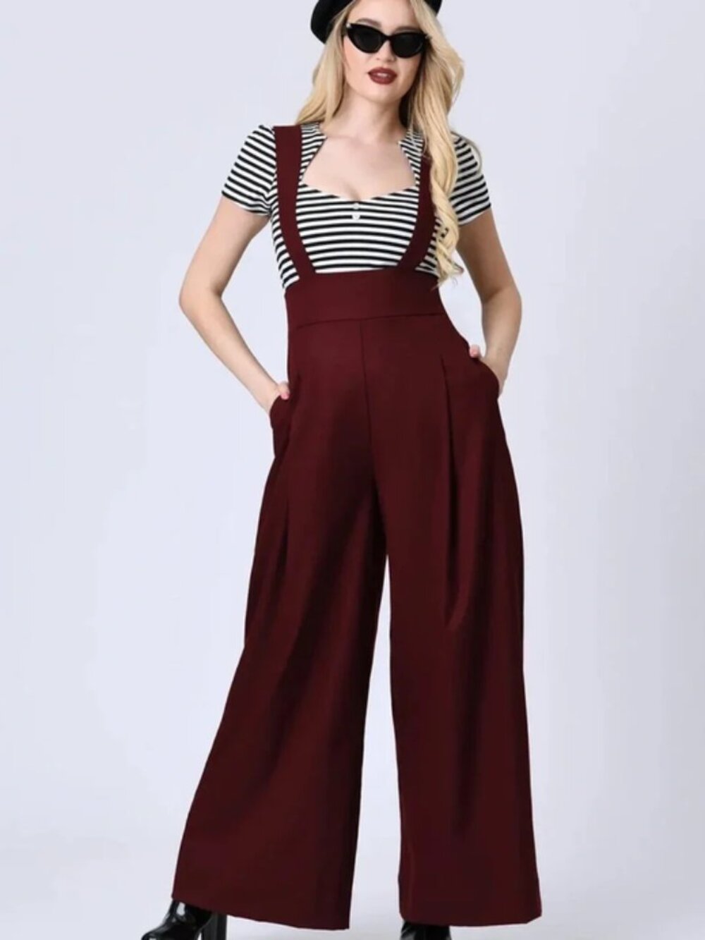 NWOT Unique Vintage Burgundy Rochelle Wide Leg Palazzo Suspender Pants - XS